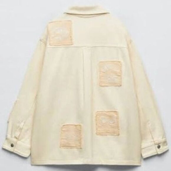 Zara Cotton Overshirt Chore Jacket Embroidered Patches Yellow Size XS - Picture 6 of 16
